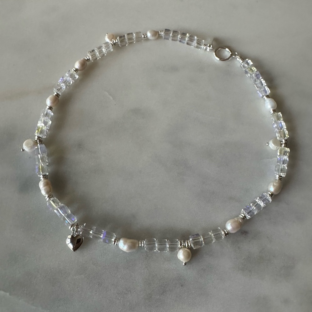 Crystal and Pearl Heart Charm Choker